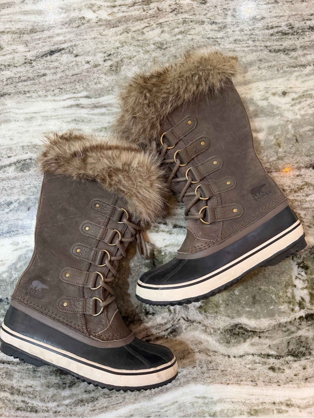 Sorel Brown Faux-Fur Trim Lace-Up Winter Boots Womenâs 7.5